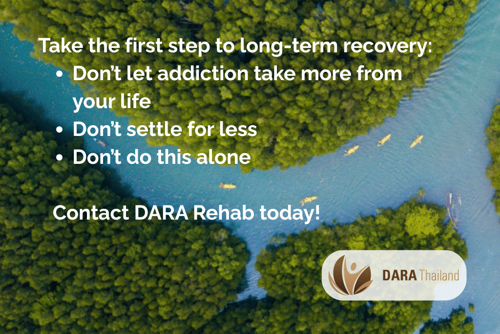 A river and green trees in the background. In front of them: Contact DARA Rehab today!