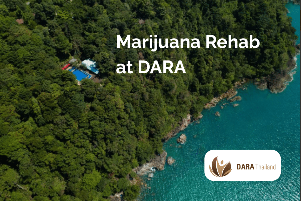 A beautiful island with green trees and a rehab center in Thailand in the background. Foreground: Marijuana Rehab at DARA